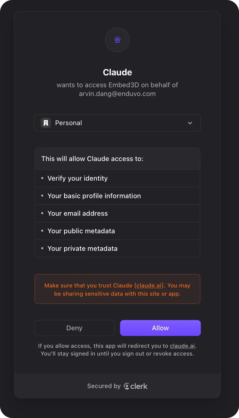 OAuth approval screen where Claude requests access to your Embed3D account, with Allow and Deny buttons